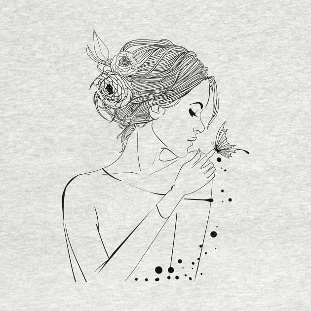 Beautiful Woman Black and White Illustration, Summer Art, Floral Boho Style by EquilibriumArt